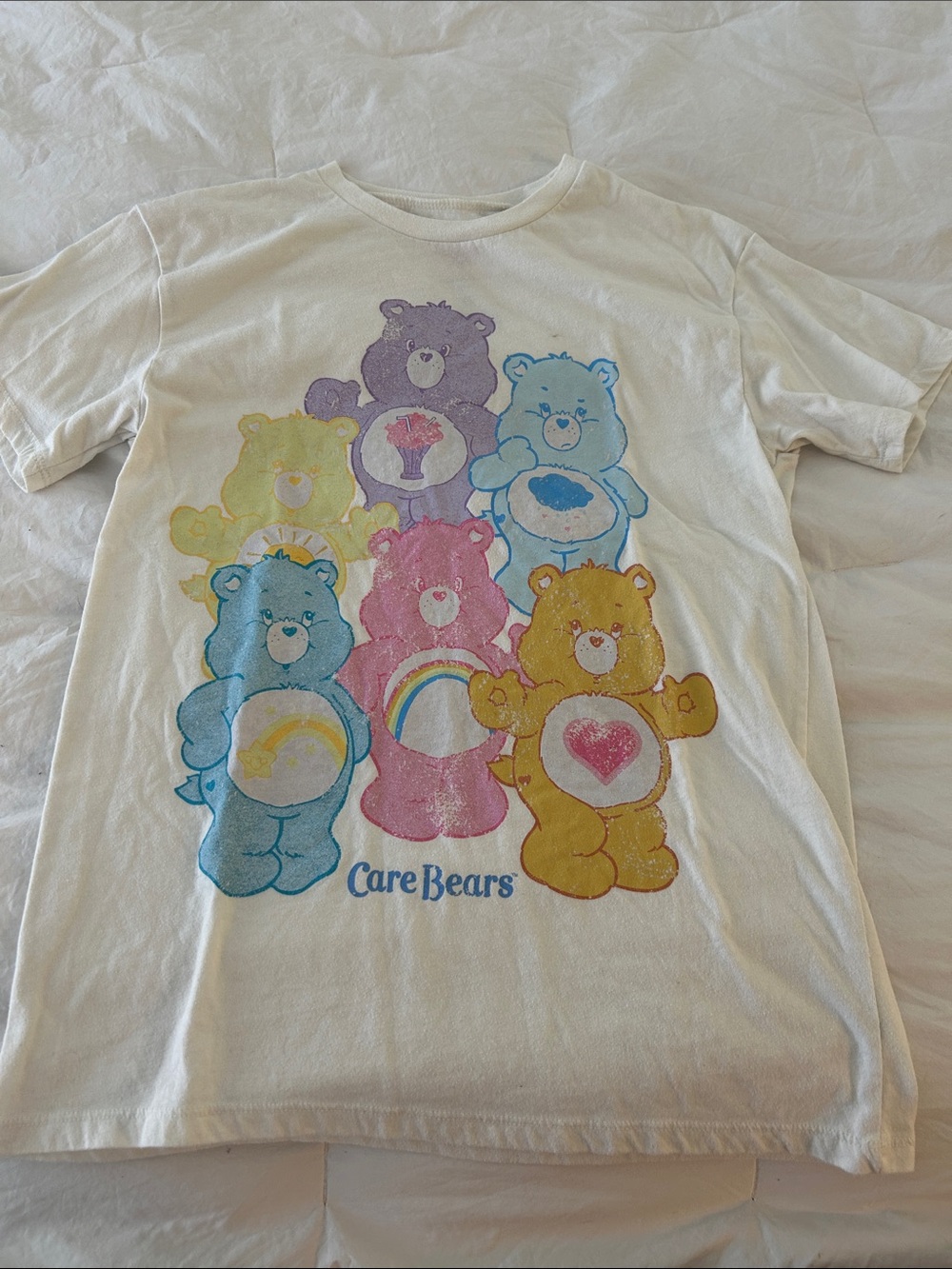 Care Bears White Tee with Pink, Blue, Yellow, Purple, Green Bears